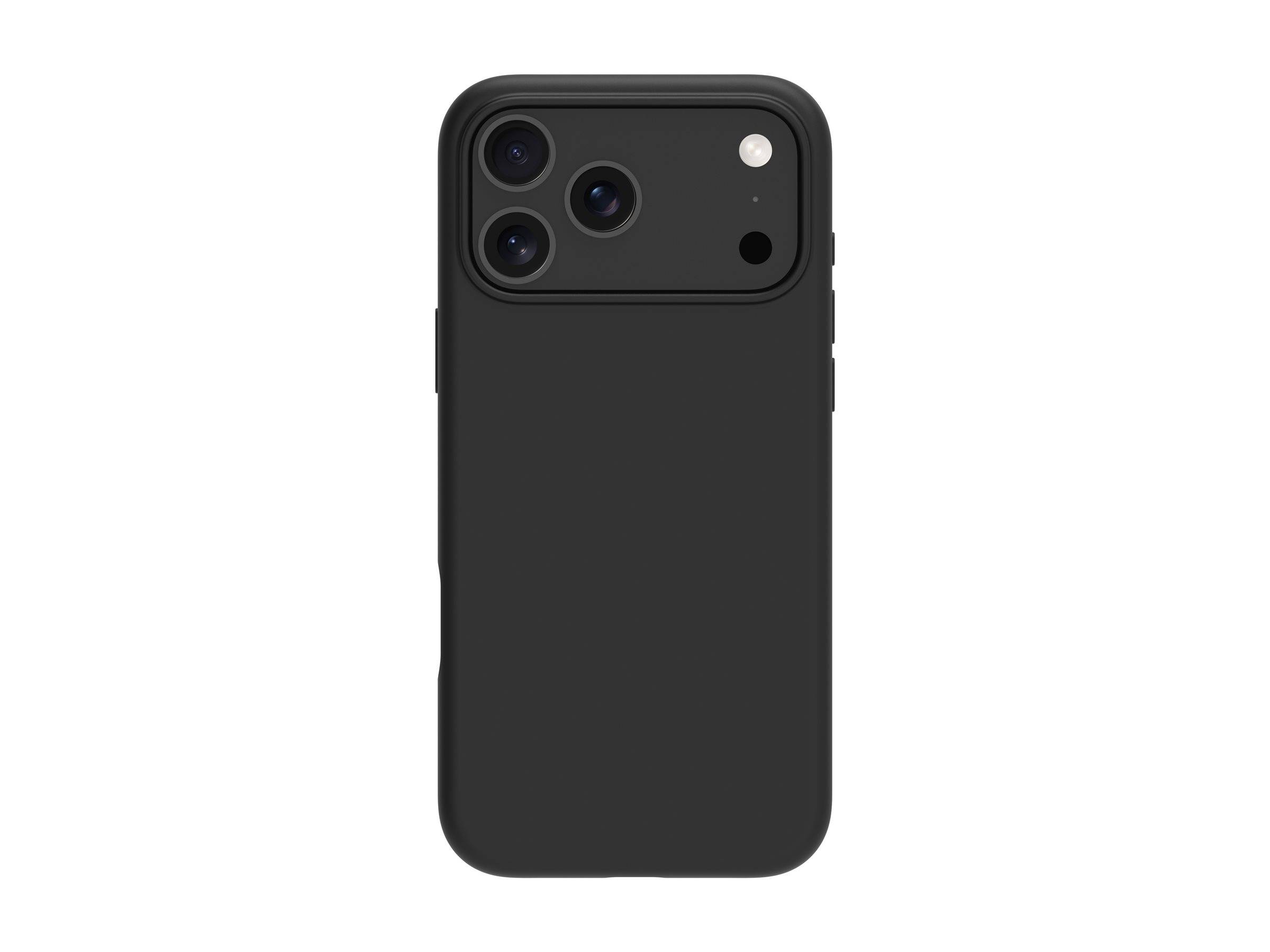 Schwarze Smartphone-Hülle von hinten gezeigt, mit erhöhtem Kameraausschnitt für drei Objektive und Blitz auf weißem Hintergrund.