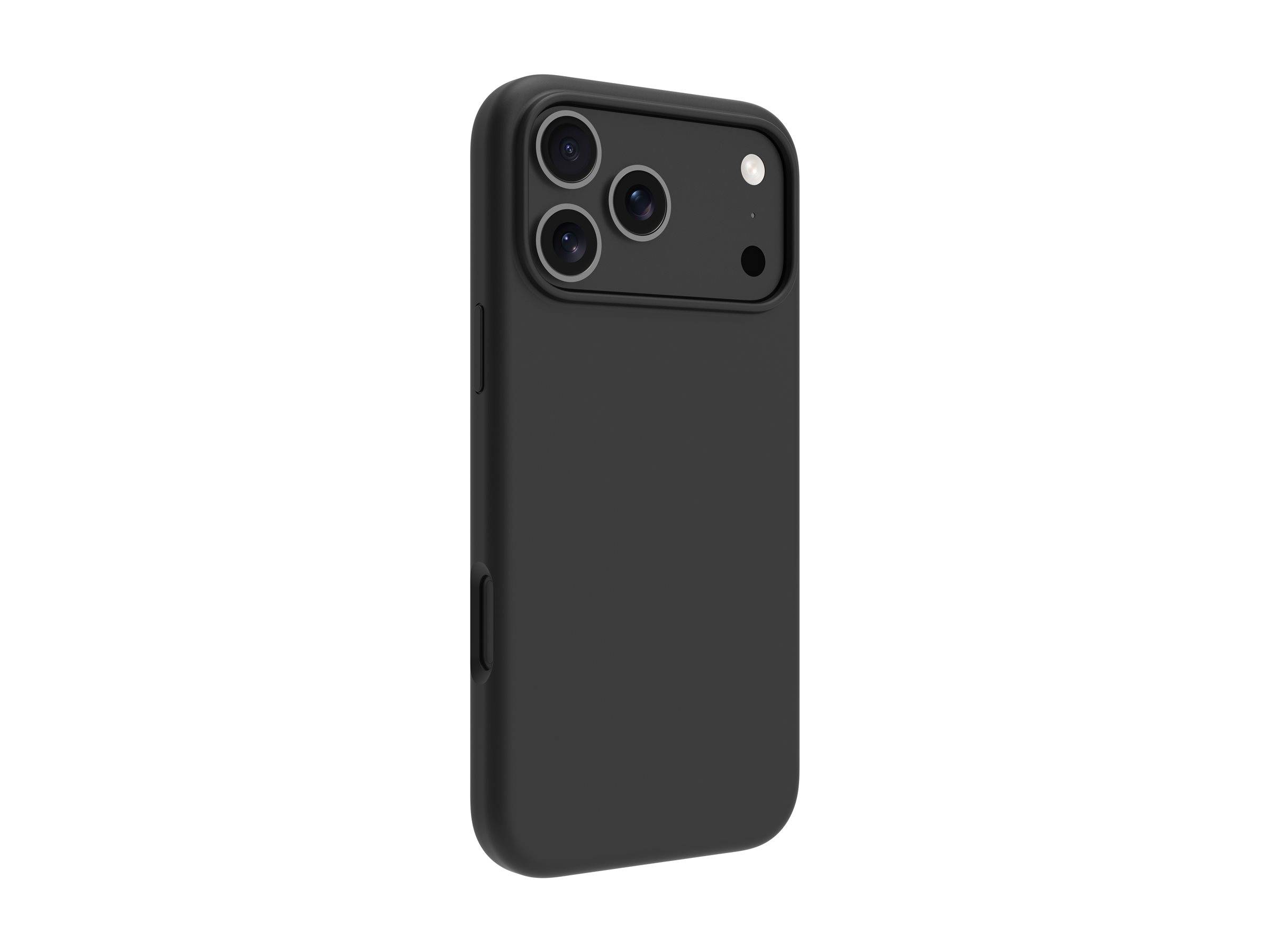 Schwarze Schutzhülle für Smartphones, von hinten gezeigt, mit erhöhtem Kameraausschnitt für dreifache Objektive und Blitzlicht.