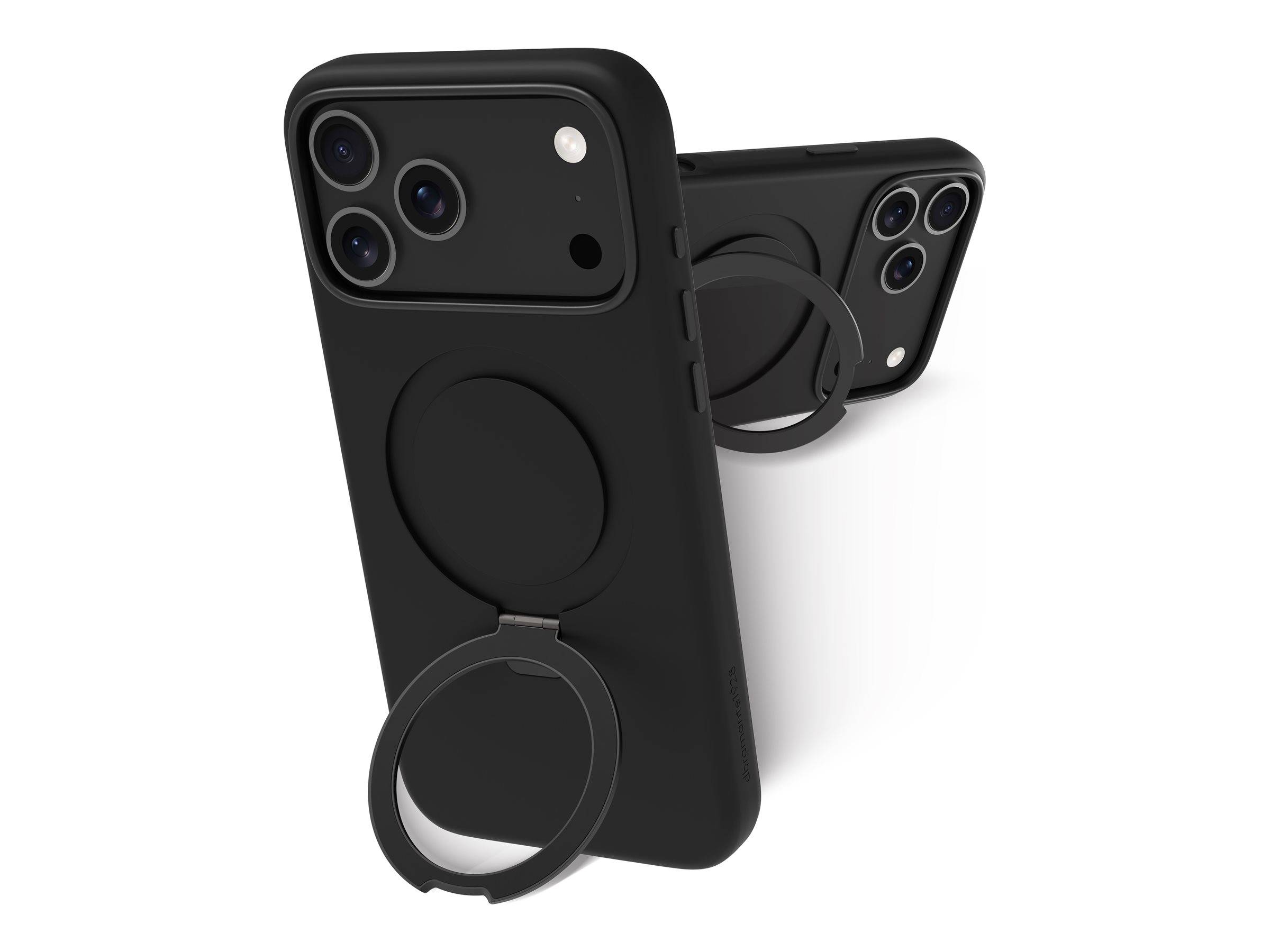Schwarze Smartphone-Schutzhülle mit kreisförmigem MagSafe-ähnlichem Ring und abnehmbarem Ring-Ständer, gezeigt von vorne und von hinten.