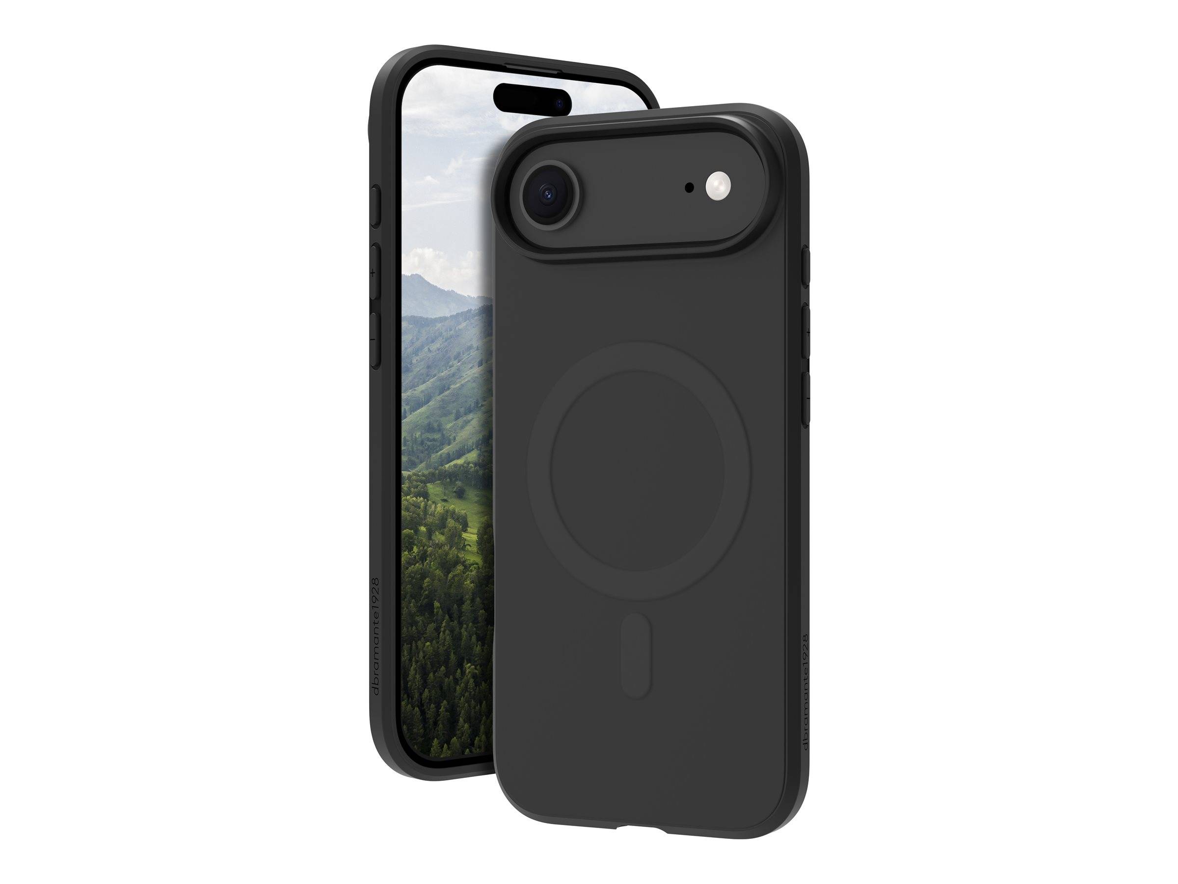 Schwarze Smartphone-Hülle mit integriertem MagSafe-ähnlichem Ring, gezeigt auf einem Telefon mit Berglandschafts-Hintergrundbild.