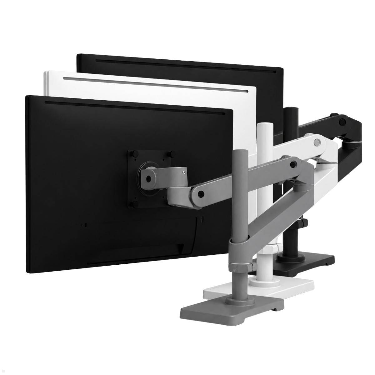 Gelenkig verstellbare Doppelmonitor-Schreibtischhalterung zum Halten mehrerer Flachbildschirme auf verstellbaren Armen, von der Seite auf weißem Hintergrund gezeigt.