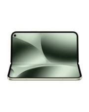 Ein elegantes faltbares Smartphone mit einem futuristischen abstrakten Design auf seinem Bildschirm, das Grün- und Grautöne mischt, mit einem sichtbaren Kameraloch in der oberen linken Ecke.