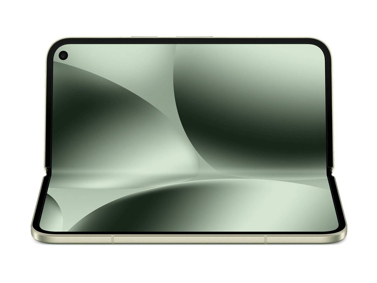 Ein Smartphone mit einem grünen abstrakten Hintergrund auf dem Bildschirm, das einen schwarzen Rahmen und eine Frontkamera oben links aufweist.