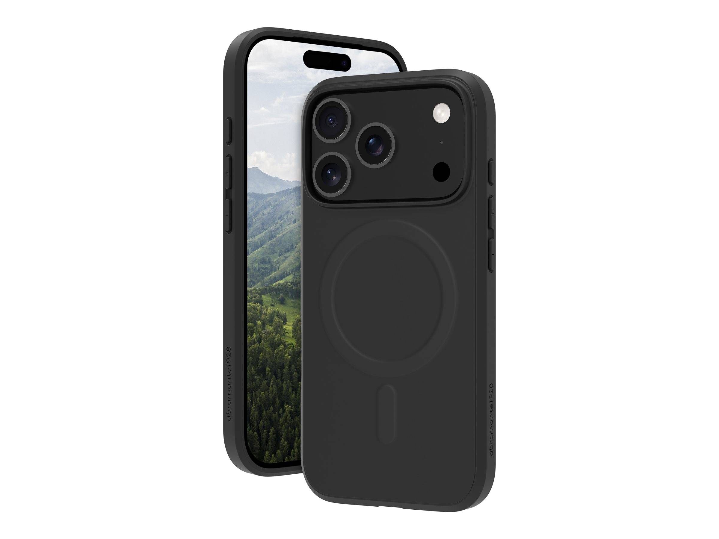 Zwei Smartphones in schwarzen Schutzhüllen. Das Telefon auf der linken Seite zeigt eine Berglandschaft auf seinem Bildschirm; das rechte Telefon zeigt die Rückseite.