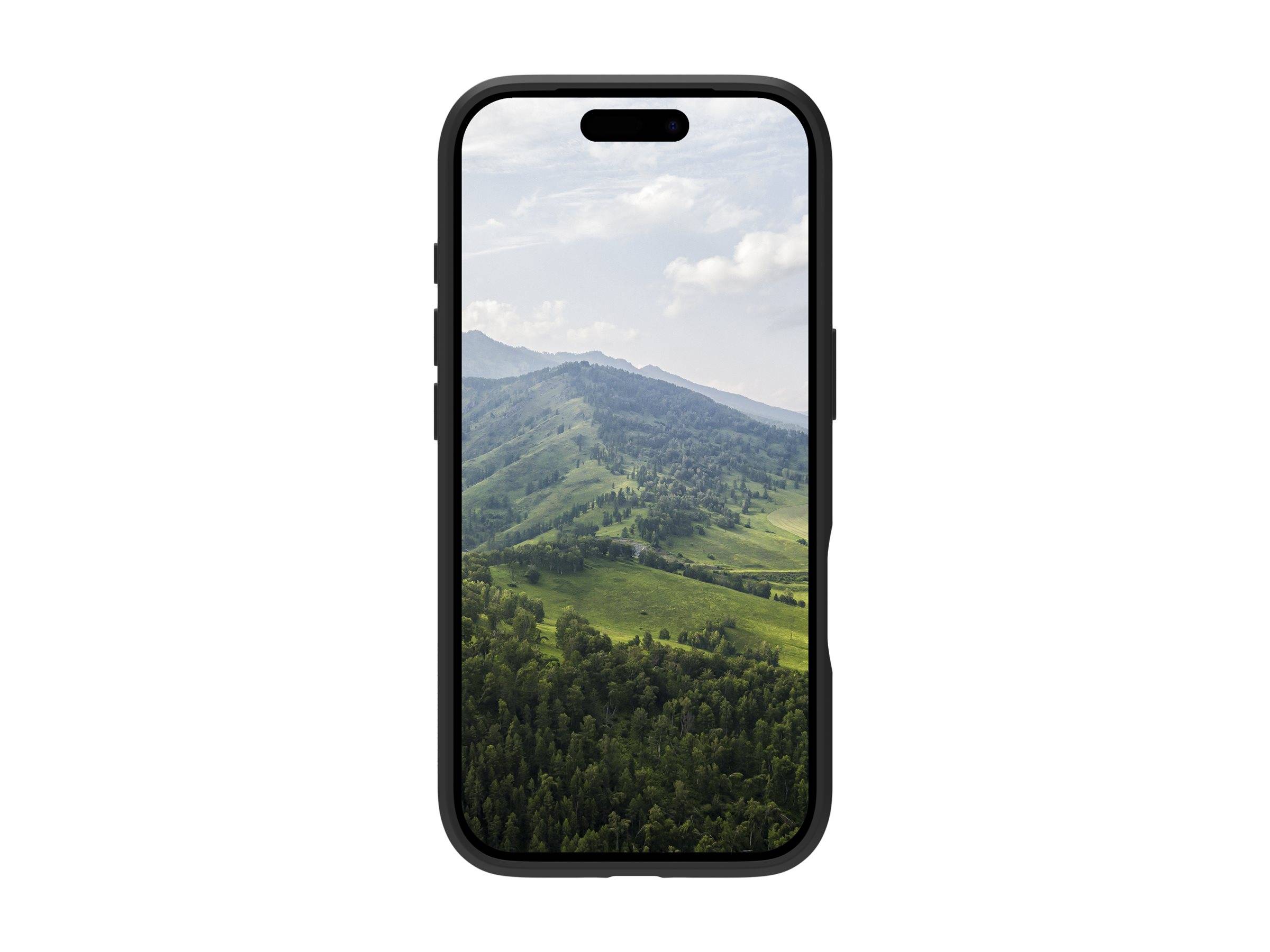 Ein Smartphone zeigt eine malerische Ansicht von sanften grünen Hügeln unter einem teilweise bewölkten Himmel.
