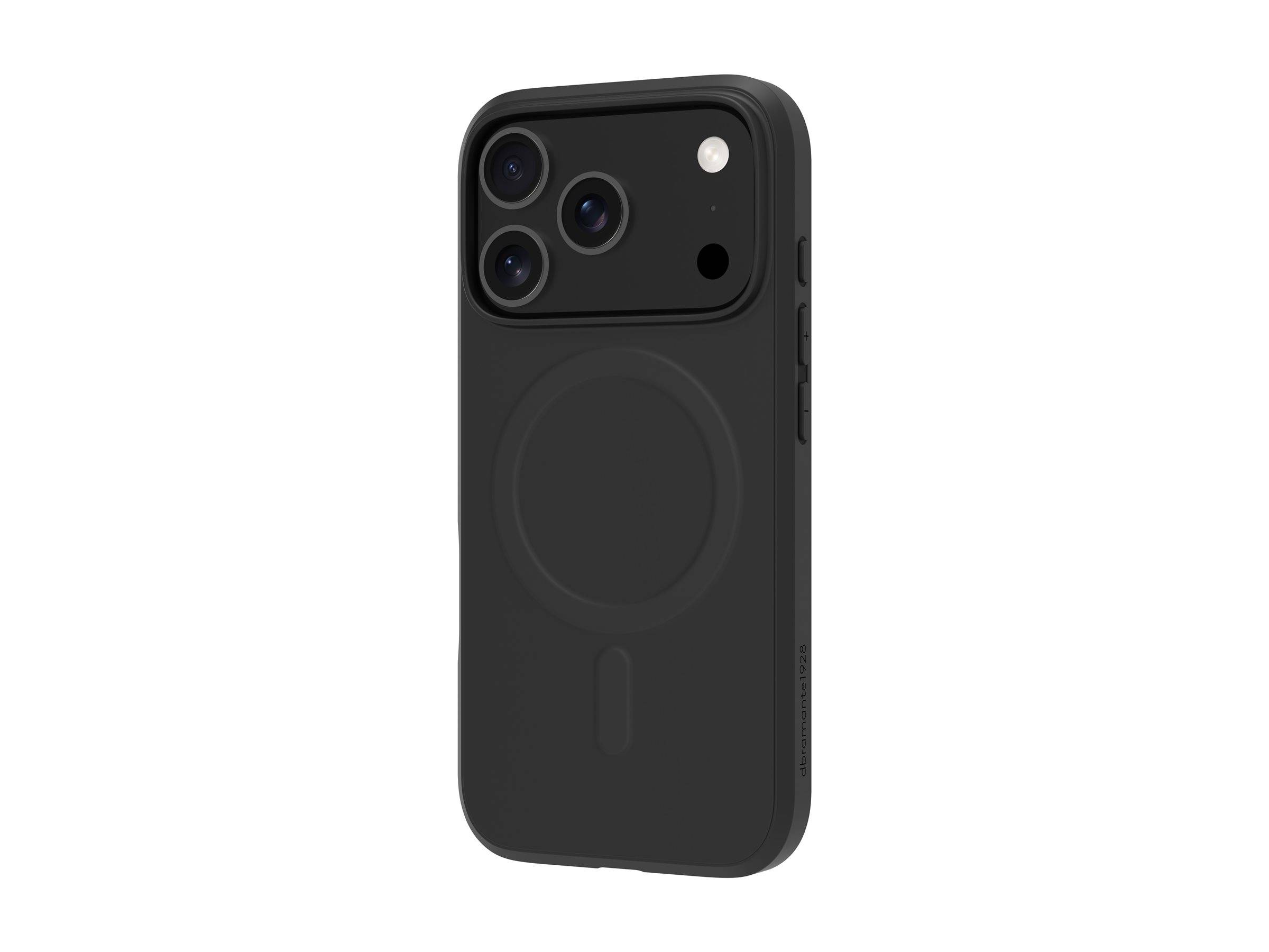 Ein schwarzes Smartphone-Gehäuse mit einem kreisförmigen Design auf der Rückseite, mit Öffnungen für drei Kameraobjektive und einen Blitz.