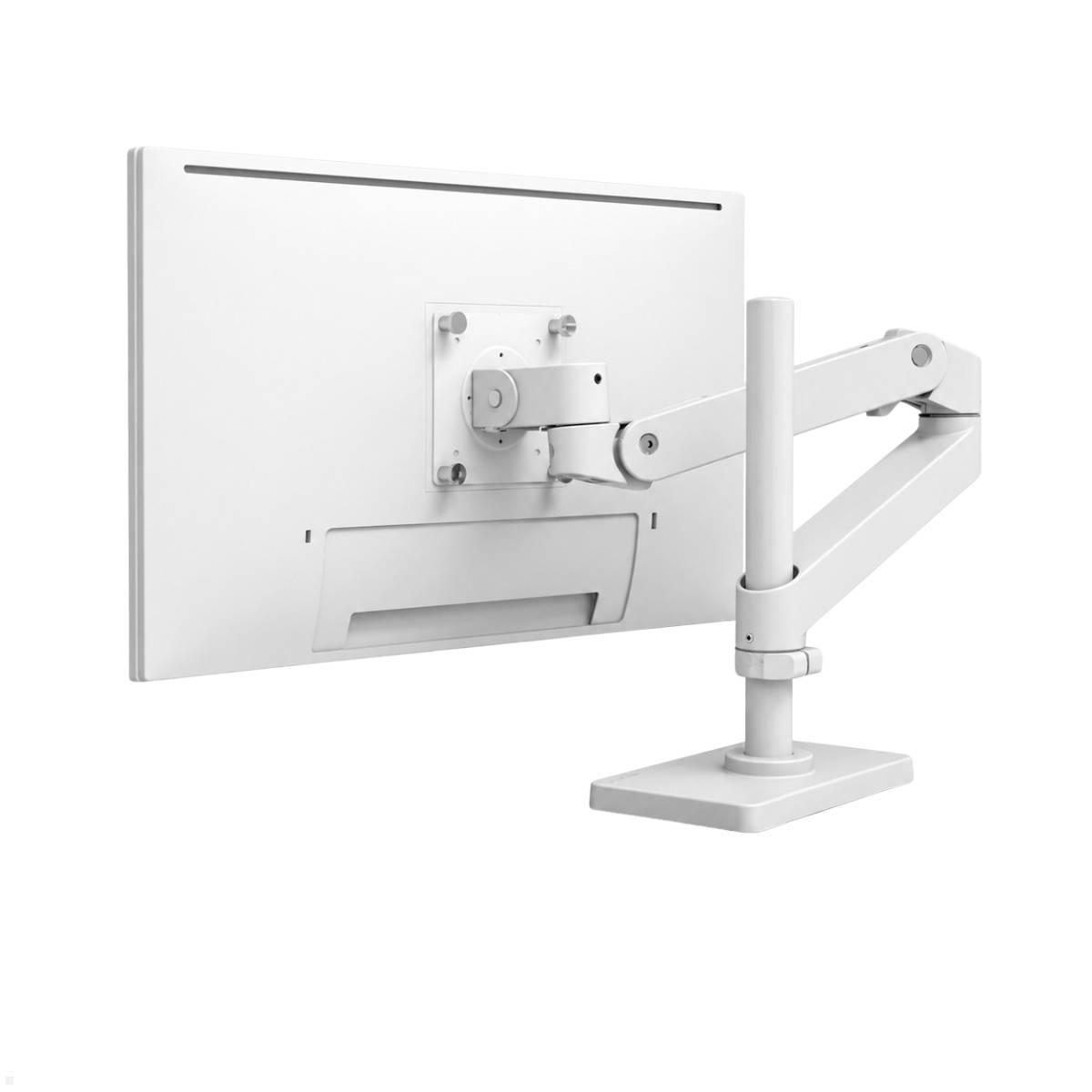 Weißer verstellbarer Monitorarm, der die Rückseite eines Flachbildschirms auf einem Ständer hält.