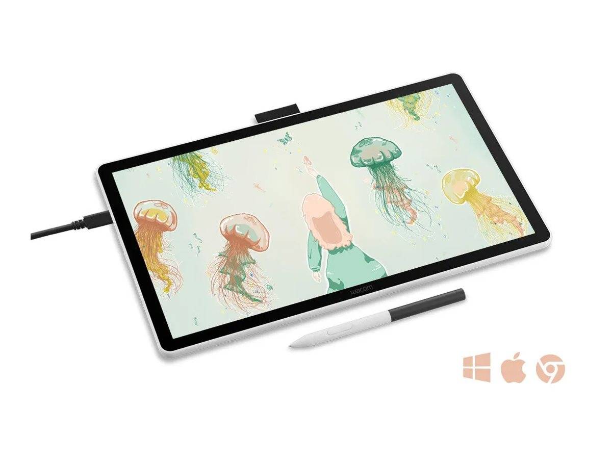 Eine digitale Zeichentablette zeigt eine Illustration einer Person, die zu schwebenden Quallen greift, mit einem Stylus-Stift daneben.