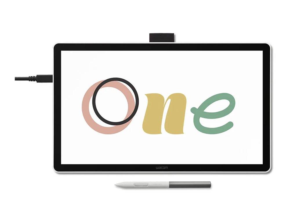 Ein digitales Tablet mit einem Eingabestift. Der Bildschirm zeigt das Wort „One