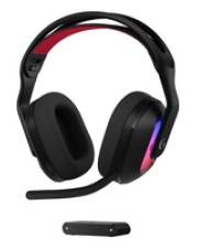 Ein schwarzer und roter Gaming-Headset mit Mikrofon, ausgestattet mit gepolsterten Ohrmuscheln und einem verstellbaren Kopfbügel, leicht nach links geneigt.