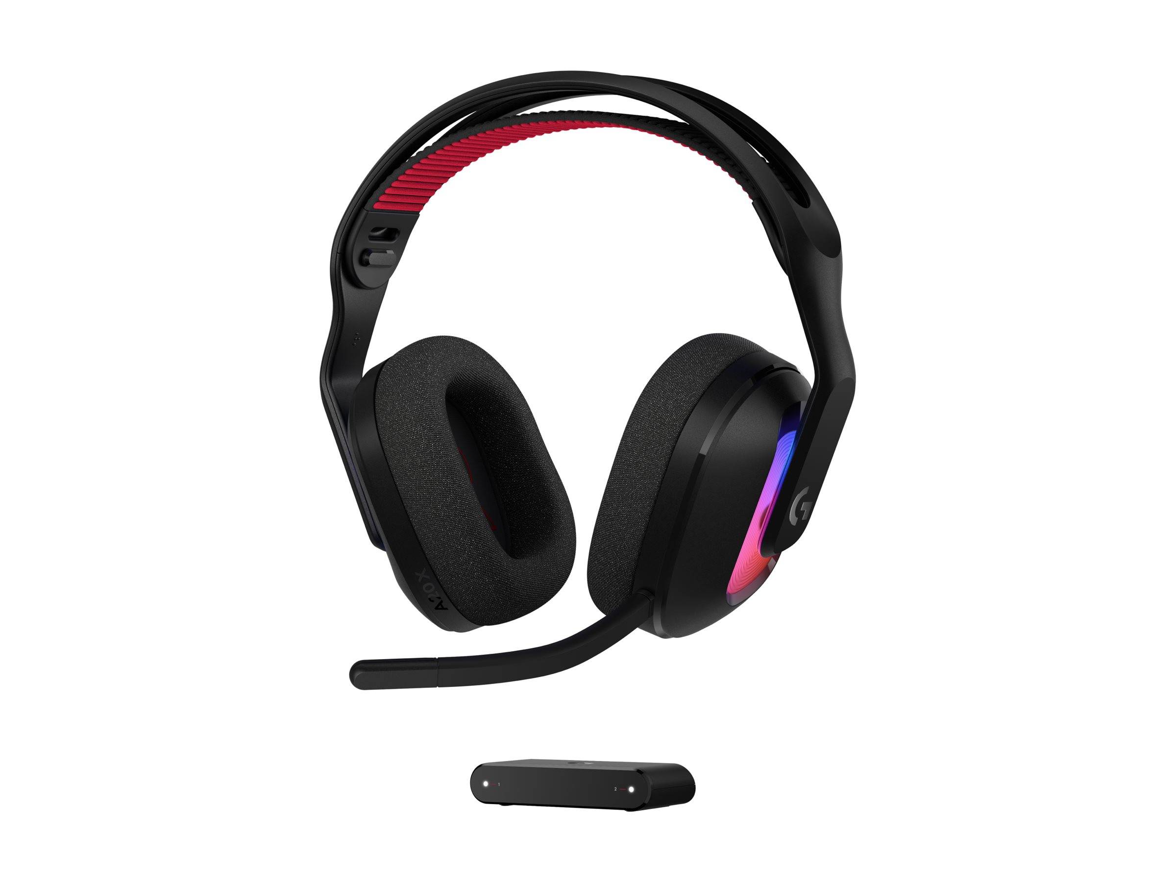 Schwarzes Over-Ear-Gaming-Headset mit Boom-Mikrofon und RGB-beleuchteter Ohrmuschel, dargestellt mit kleinem abnehmbarem Zubehör darunter.