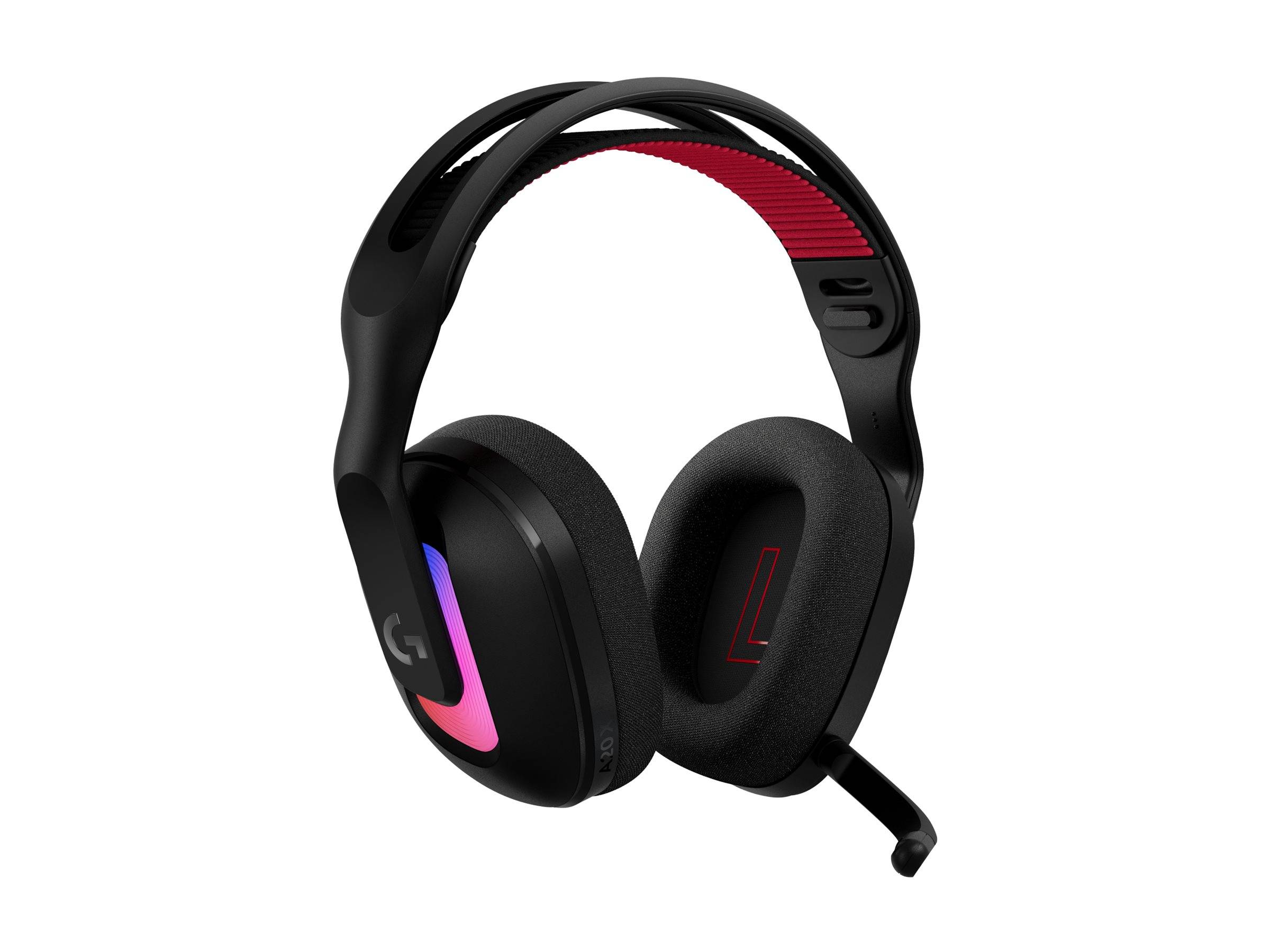 Schwarzes Over-Ear-Gaming-Headset mit RGB-beleuchteten Ohrmuscheln und einem Boom-Mikrofon auf weißem Hintergrund.
