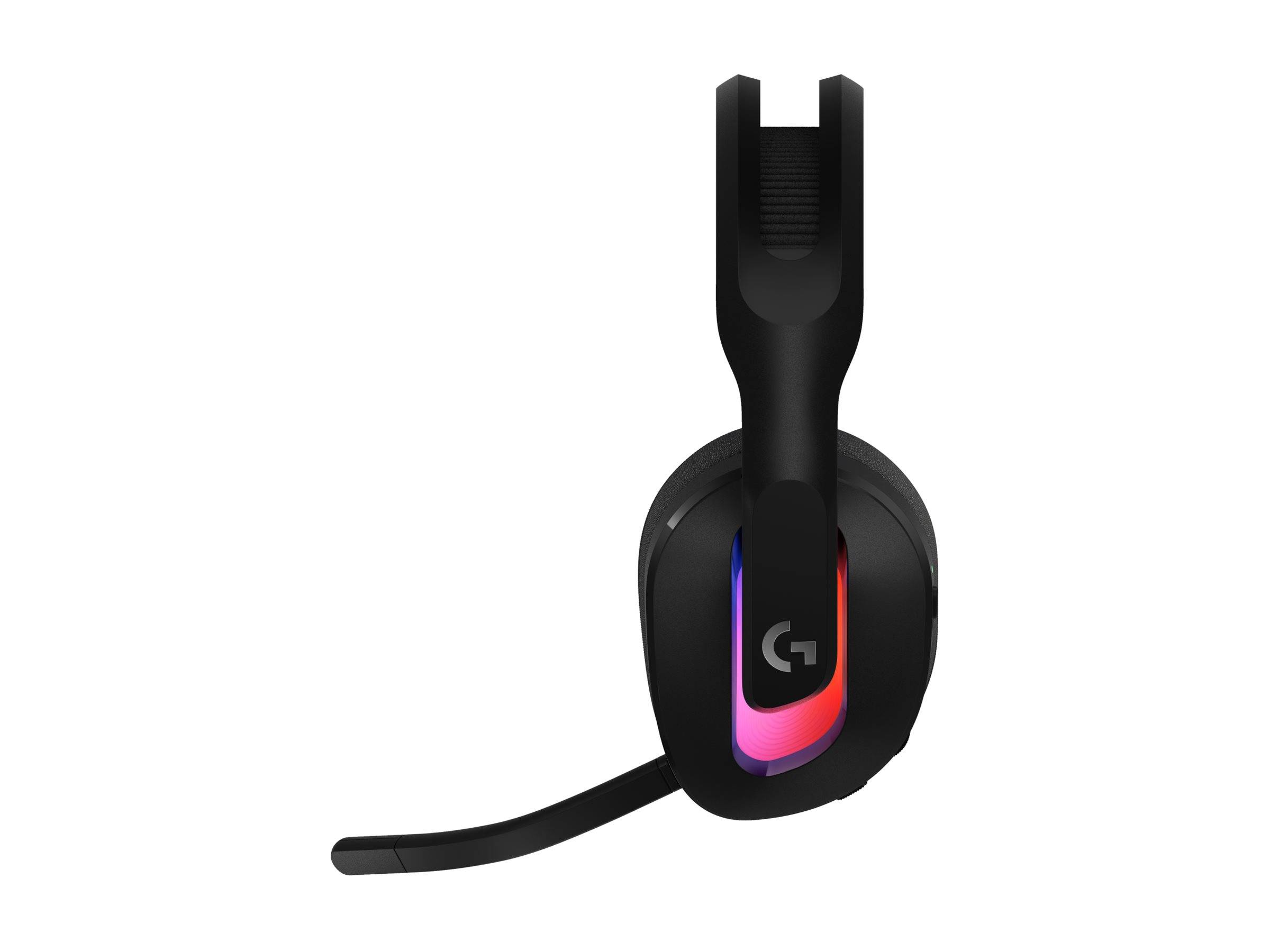 Schwarzes Over-Ear-Gaming-Headset mit Boom-Mikrofon und leuchtendem RGB-Logitech-G-Logo auf der Ohrmuschel.