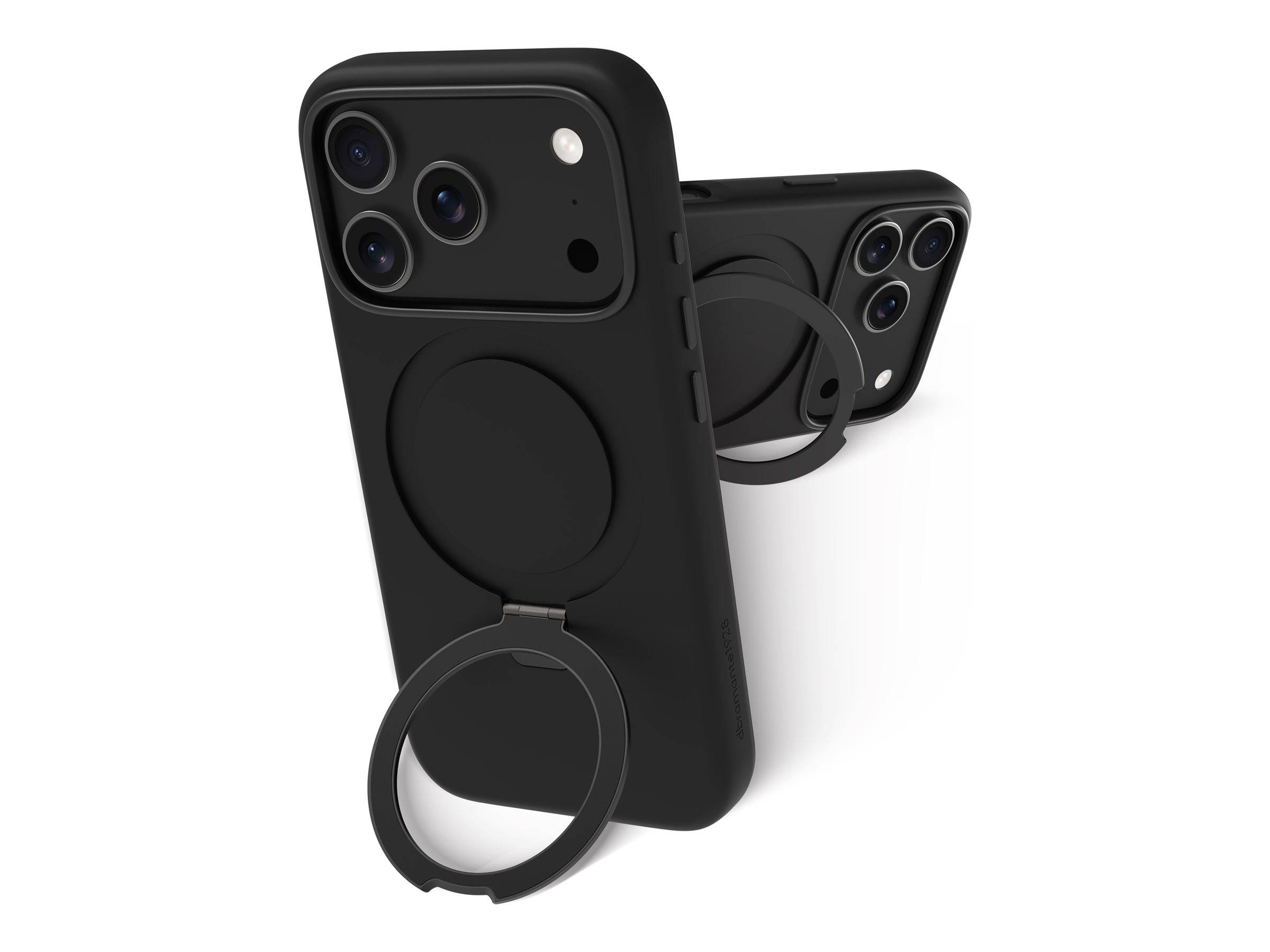 Schwarze Smartphone-Hüllen mit angebrachten kreisförmigen Ringhaltern, von hinten auf weißem Hintergrund gezeigt.