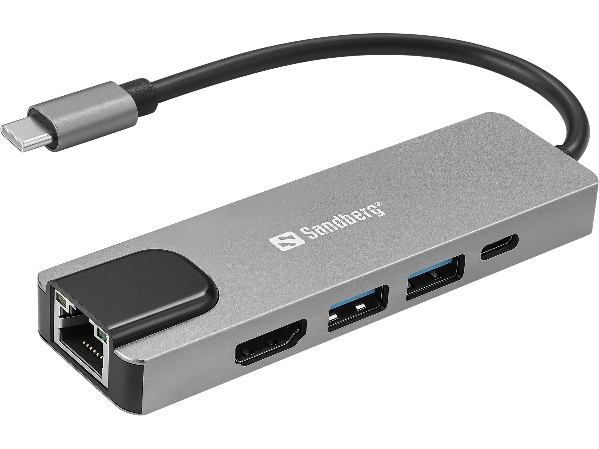 USB-C-Multiport-Adapter mit Ethernet-Anschluss, HDMI, zwei USB-A-Anschlüssen, USB-C-Anschluss und angeschlossenem USB-C-Kabel