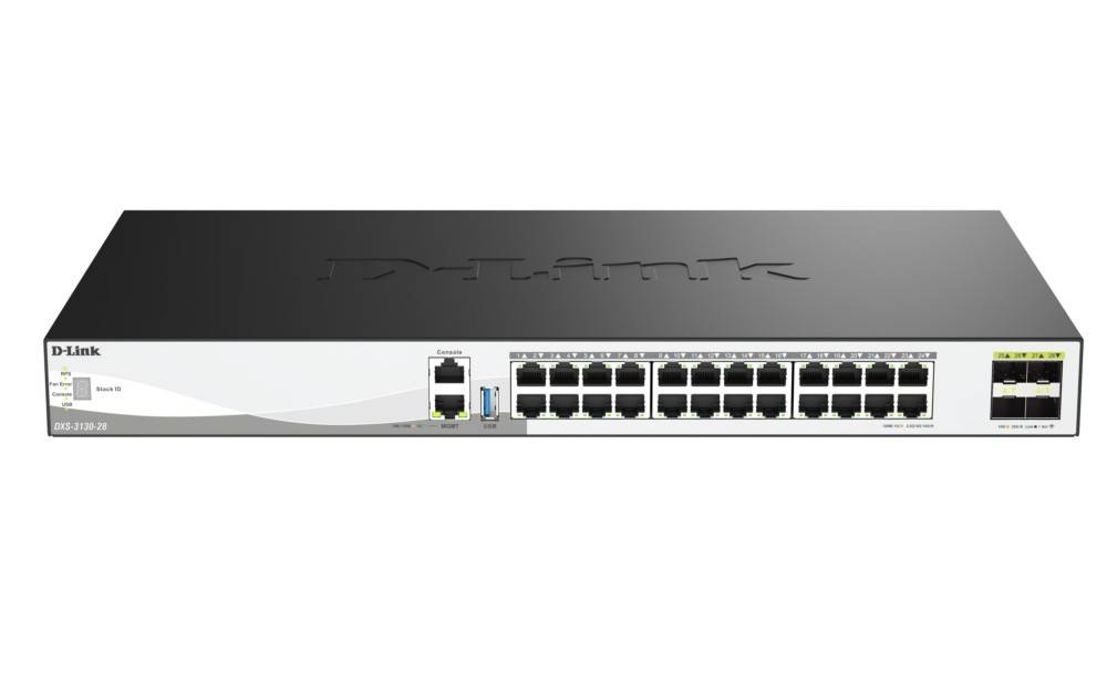 Vorderansicht eines D-Link Netzwerk-Switches mit 24 Ethernet-Ports und zwei Uplink-Ports, auf weißem Hintergrund dargestellt.