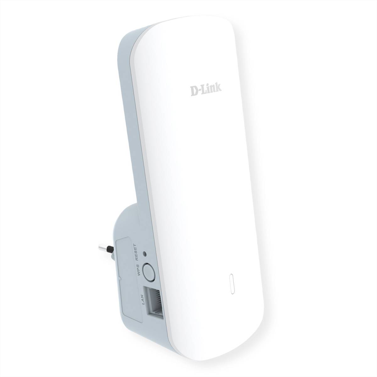 Ein weißer D-Link WLAN-Repeater mit kompaktem Design, ausgestattet mit einem Reset-Knopf, einem Ethernet-Anschluss und einem europäischen Stecker.