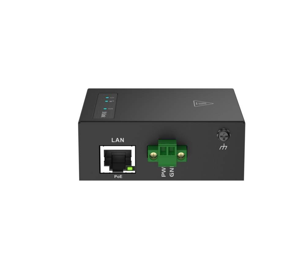 Schwarzes PoE-Netzwerkgerät mit LAN-Anschluss, grünem Stromeingang, Status-LEDs und einer Befestigungsschraube oben.