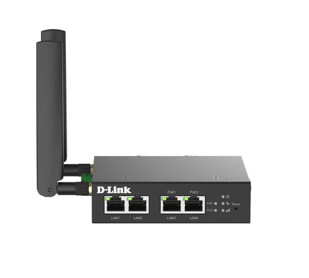 D-Link Wireless-Router mit zwei Antennen und vier Ethernet-LAN-Anschlüssen in einer Seiten-/Vorderansicht dargestellt.