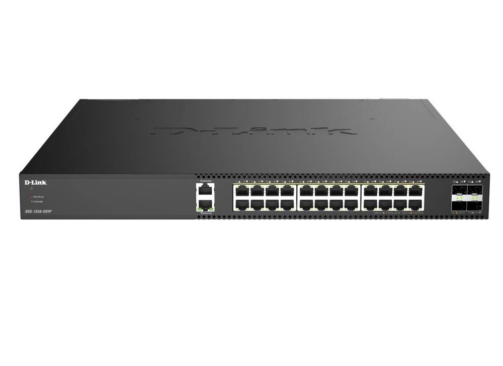 Vorderansicht eines D-Link-Rack-Netzwerk-Switches mit vielen Ethernet-Anschlüssen und zwei SFP-Uplink-Slots auf weißem Hintergrund.