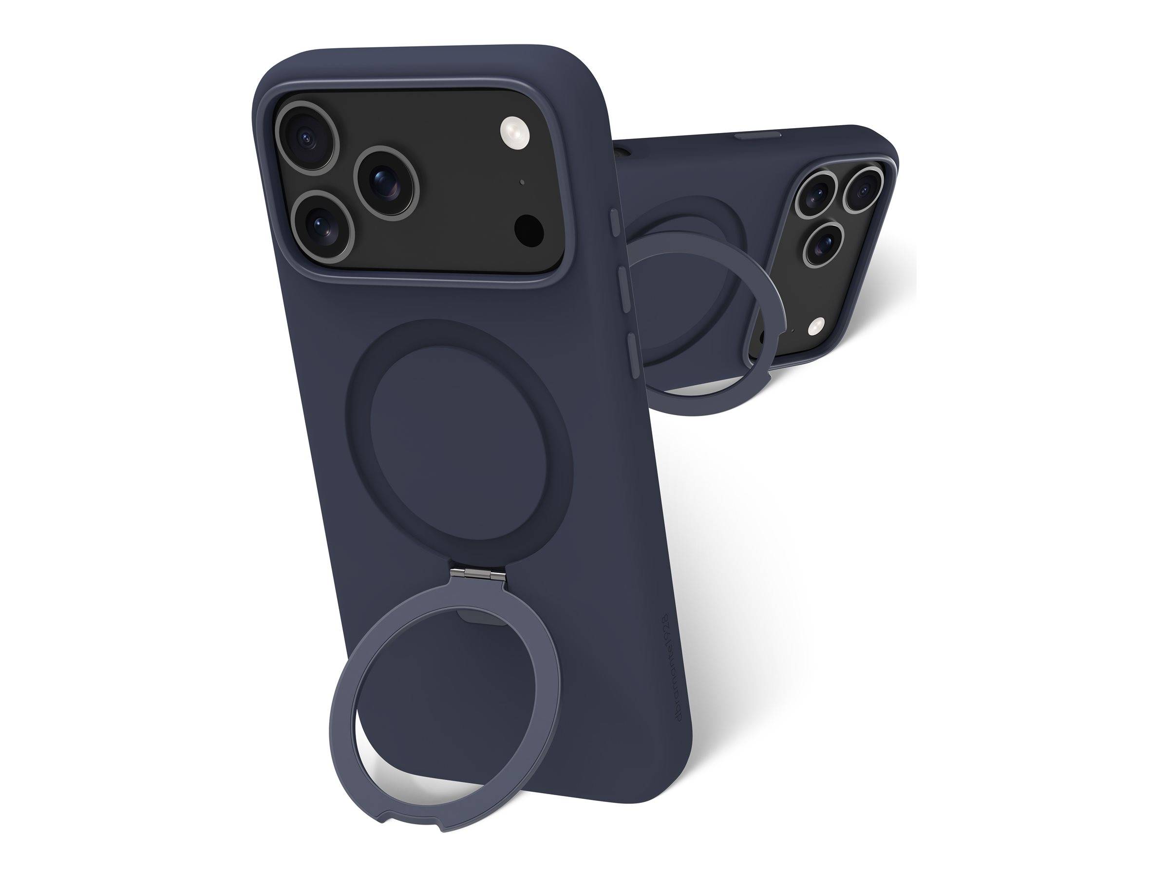 Zwei dunkelblau Smartphonehüllen mit eingebauten magnetischen Ringständern, von vorne und hinten auf weißem Hintergrund gezeigt.