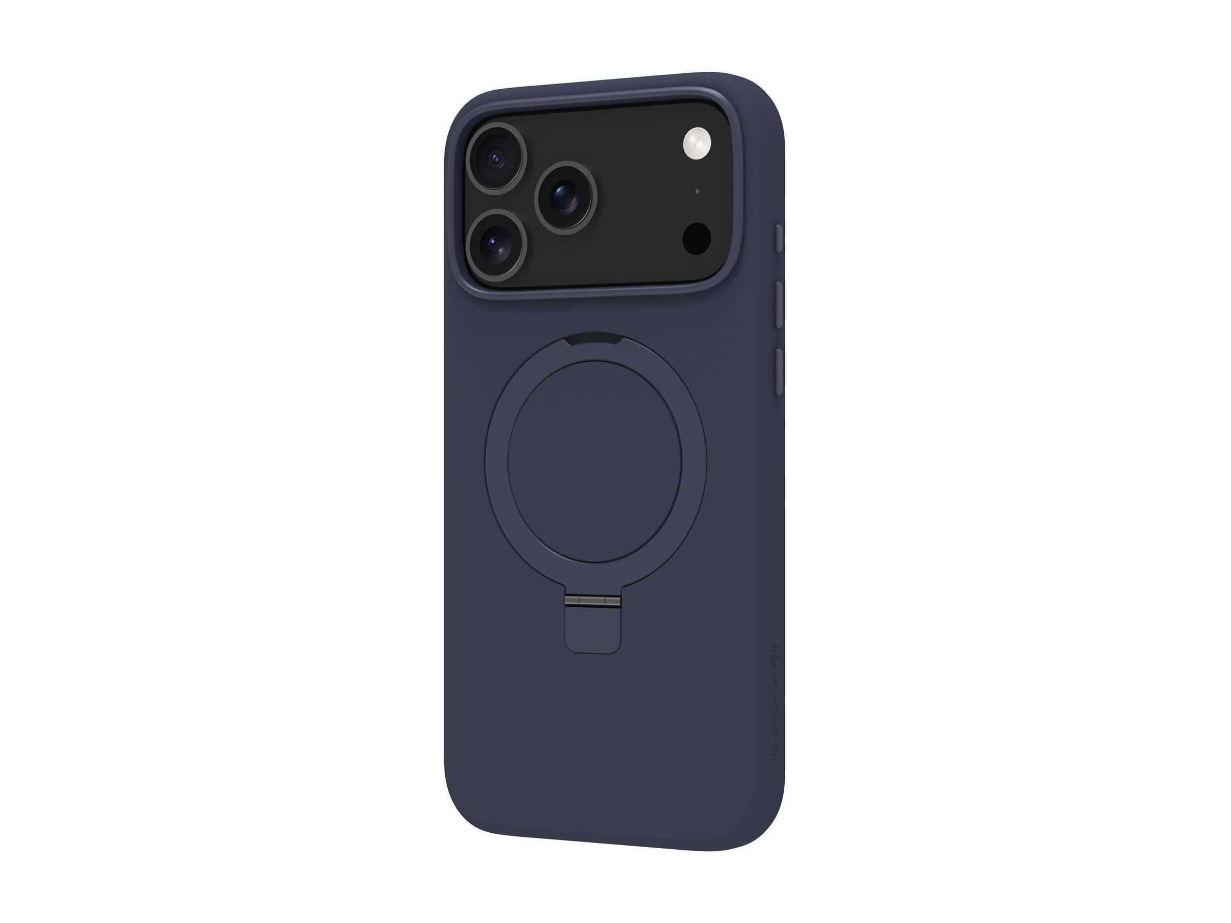 Dunkelblues Smartphone-Gehäuse mit einem kreisförmigen MagSafe-ähnlichen Ring und großem Kameraausschnitt auf der Rückseite.