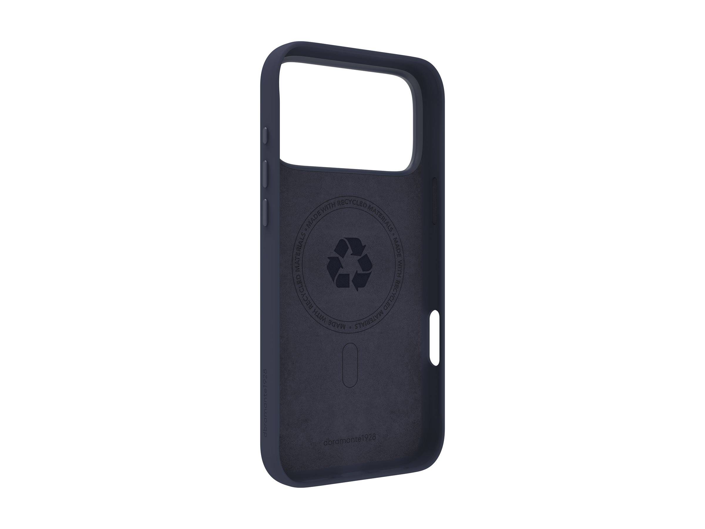Dunkelblau Handyhülle mit großem hinteren Kamera-Ausschnitt und auf der Rückseite gepresstem Recycling-Material-Symbol.