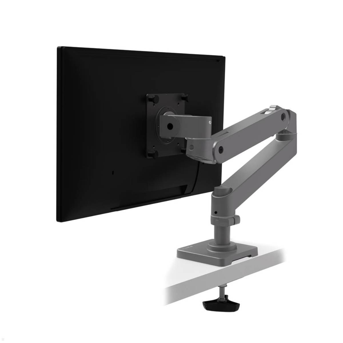 Ein Monitor, der auf einem verstellbaren Gelenkschreibtischarm mit Klemmfuß montiert ist und die Rückseite eines Flachbildschirms zeigt.