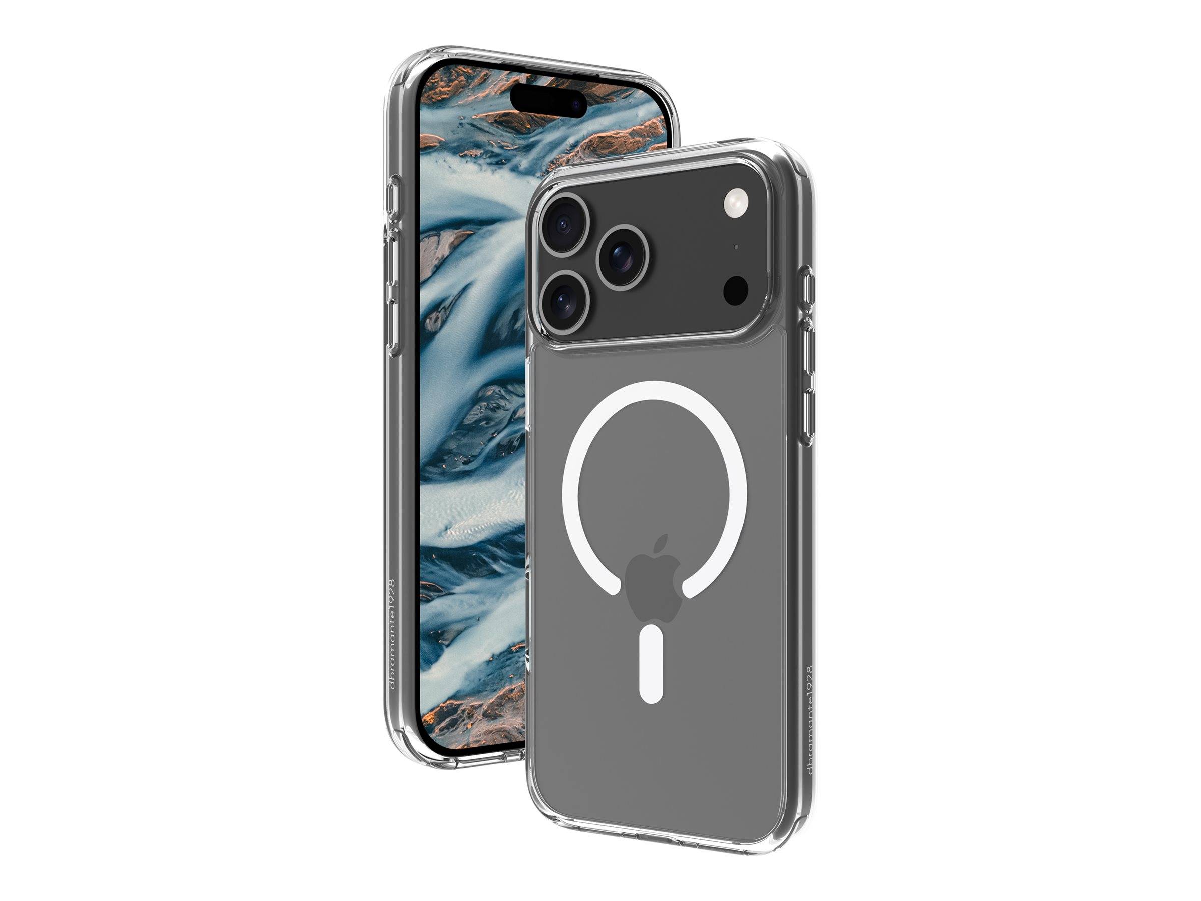 Zwei iPhones, vorne und hinten gezeigt, wobei das hintere Telefon in einer durchsichtigen Hülle mit weißem MagSafe-Ring und Apple-Logo-Ausschnitt dargestellt ist.