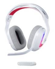 Weißes Gaming-Headset mit grauen Ohrpolstern und einem flexiblen Mikrofon, mit LED-Beleuchtung an den Seiten.