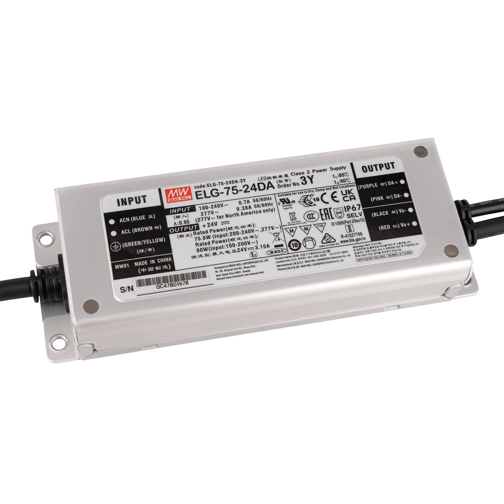 Meanwell LED Power Supply IP67 75 W/24 V Dali Meanwell ELG-75-V-24DA 3Y