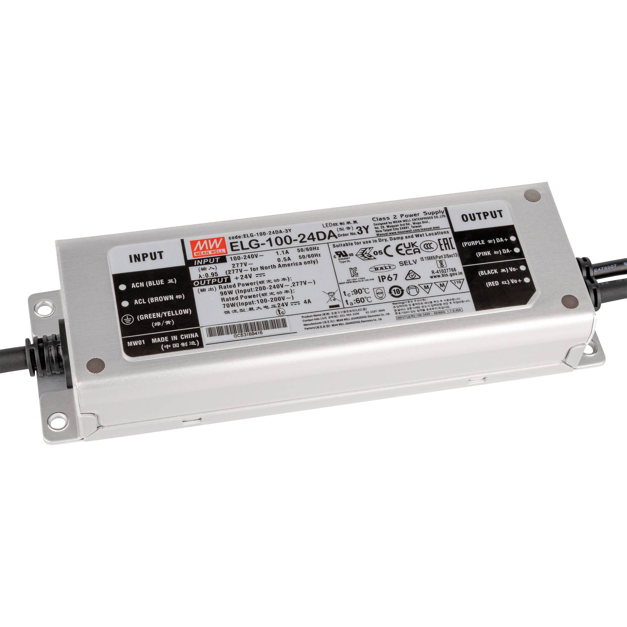 Meanwell LED Power Supply IP67 100 W/24 V DC Dali Meanwell ELG-100-V-24DA 3Y