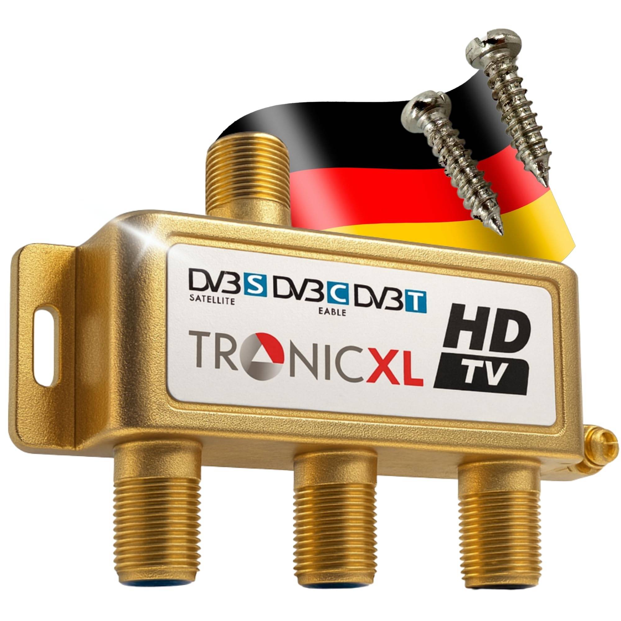3-fach Antennen-verteiler F-Stecker DC-Durchlass TV Kabelfernsehen Splitter HD 3D 4K digital SAT Weiche 3fach