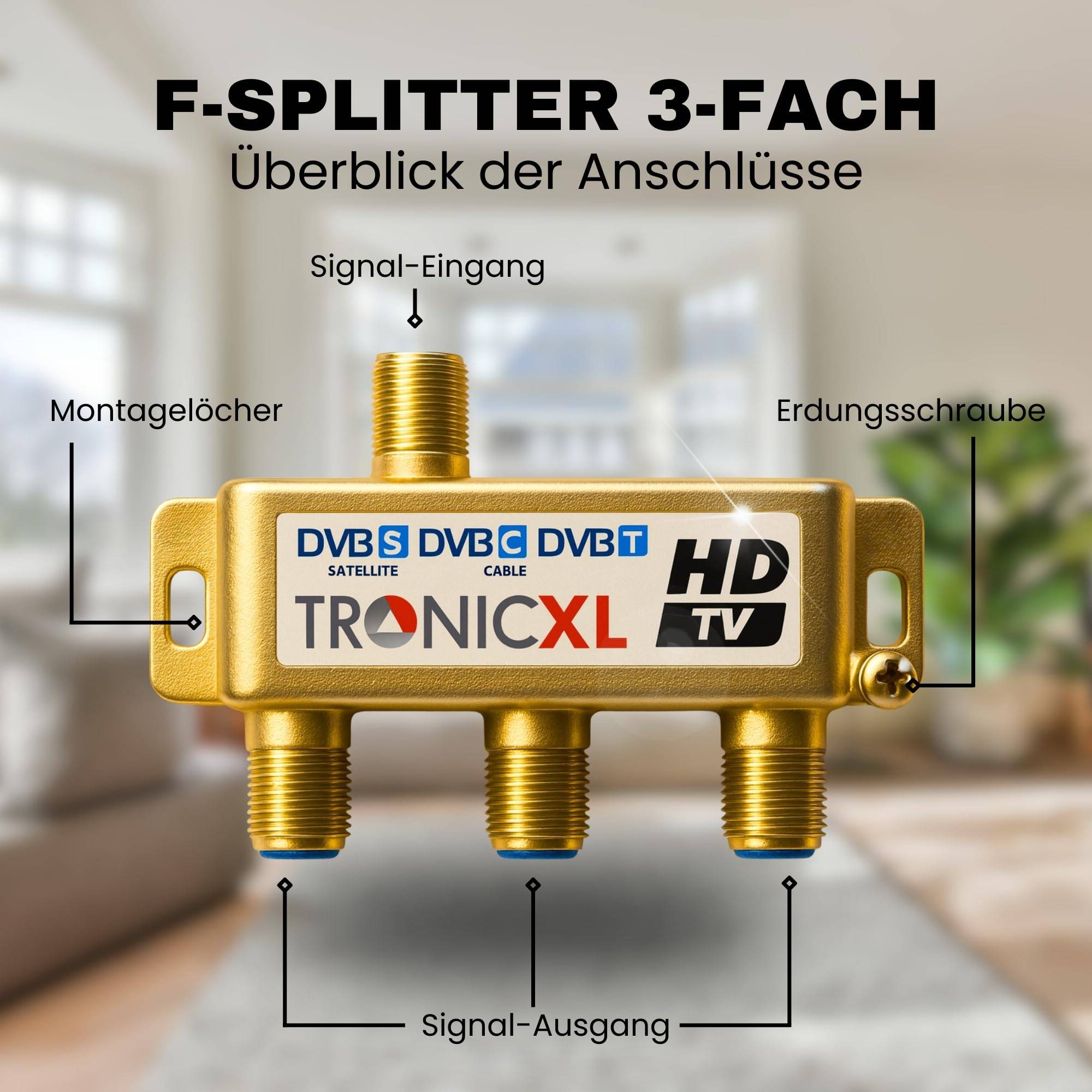 3-fach Antennen-verteiler F-Stecker DC-Durchlass TV Kabelfernsehen Splitter HD 3D 4K digital SAT Weiche 3fach