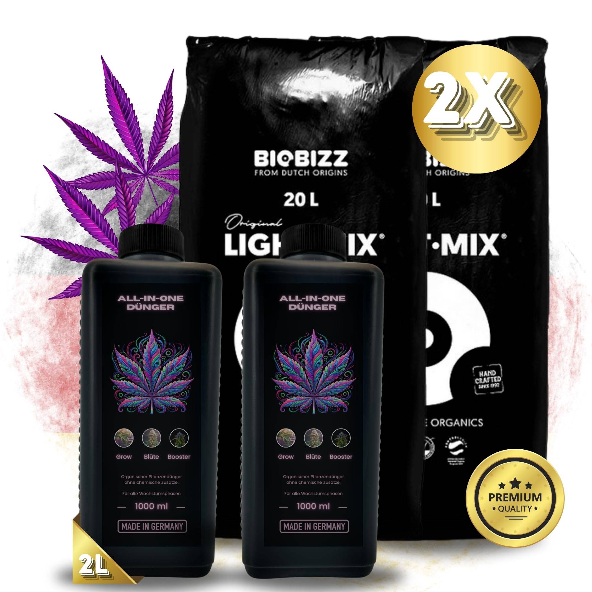 2 x Dünger All in One für BioBizz + 2 Sack Light Mix Grow Erde Anbau für Growzelt Grower Zubehör