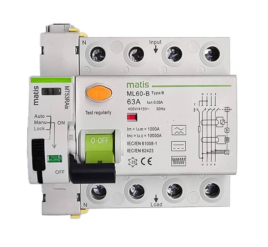 Matis Autorecloser mit FI-Schutzschalter Typ B allstromsensitiv,Wiedereinschaltautomat für Wallbox und PV 4 Pol 63A 300mA