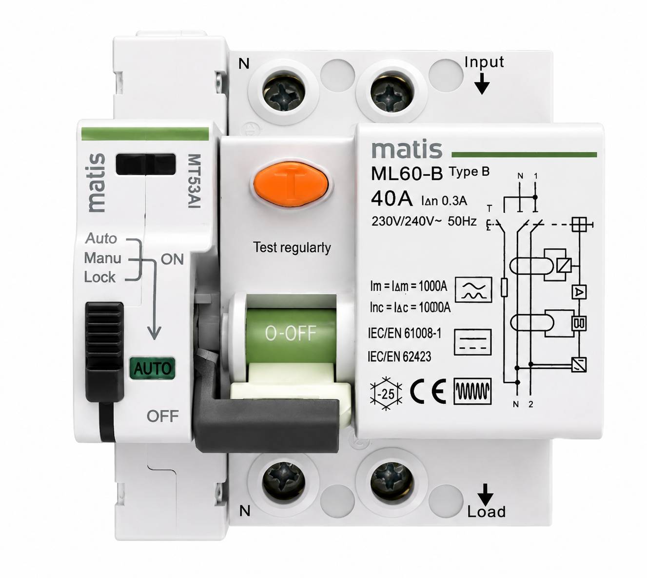 Matismart Autorecloser mit FI-Schutzschalter Typ B allstromsensitiv,Wiedereinschaltautomat 2 Pol 40A 300mA