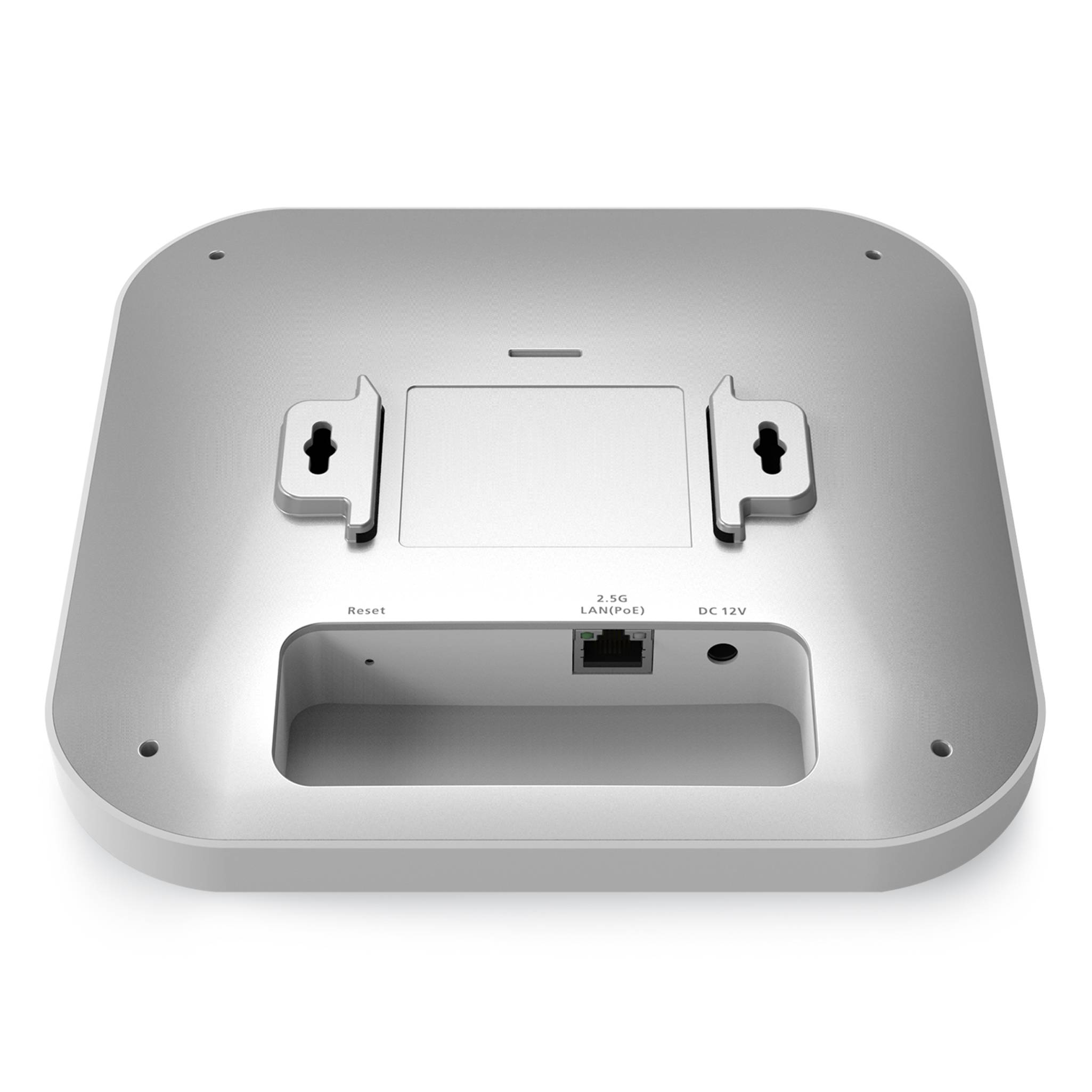Rückansicht eines quadratischen Wi-Fi-Zugangspunkts oder Routers mit zwei Wandhalterungen, einer Rücksetzloch-Stiftleiste, Ethernet-Anschluss und DC-12V-Stromstecker.