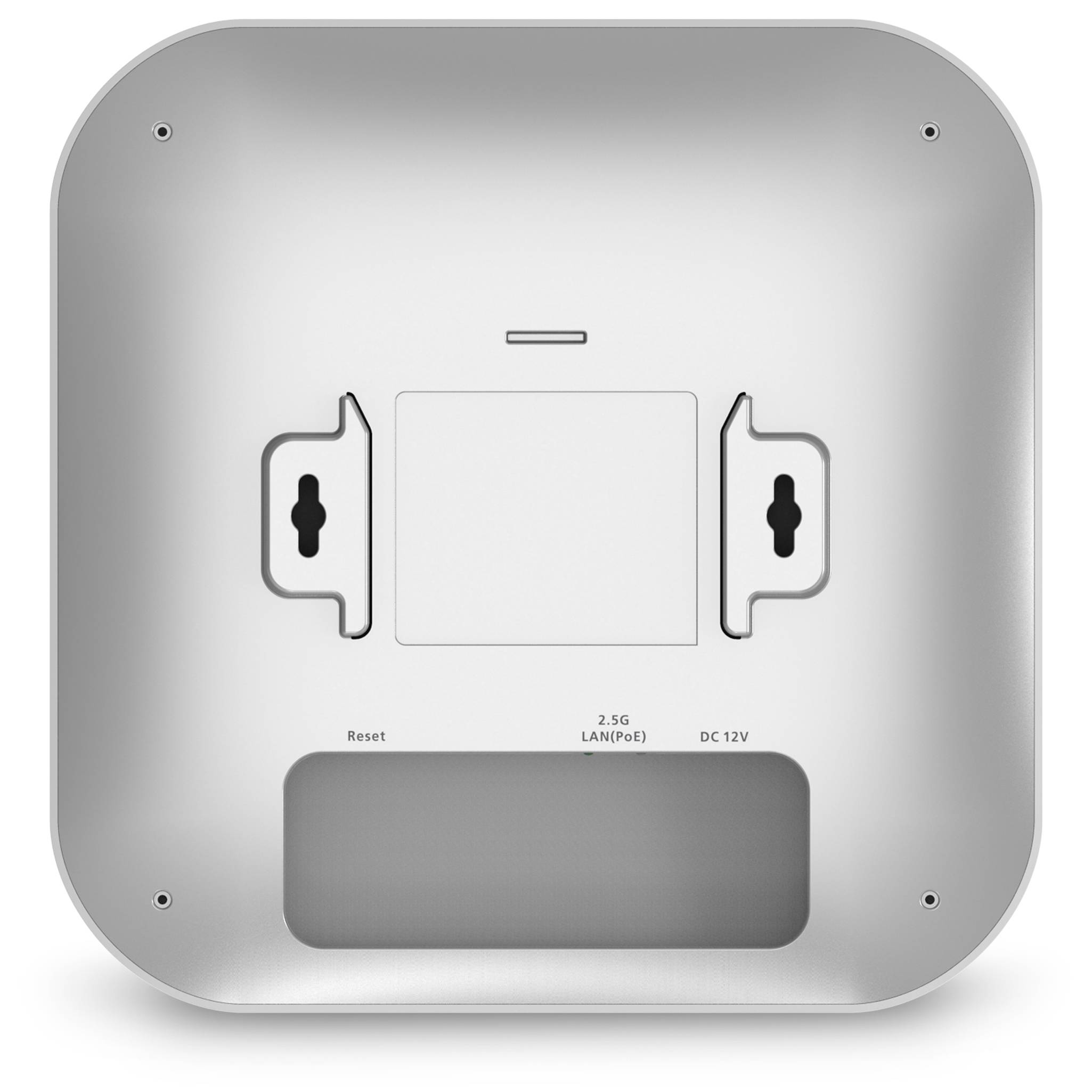 Unteransicht eines quadratischen, an der Decke montierten Geräts mit einer zentralen Montageplatte, seitlichen Kabelklemmen und einem beschrifteten Bereich für Reset-, 2,5G-LAN-/PoE- und DC-12V-Anschlüsse.
