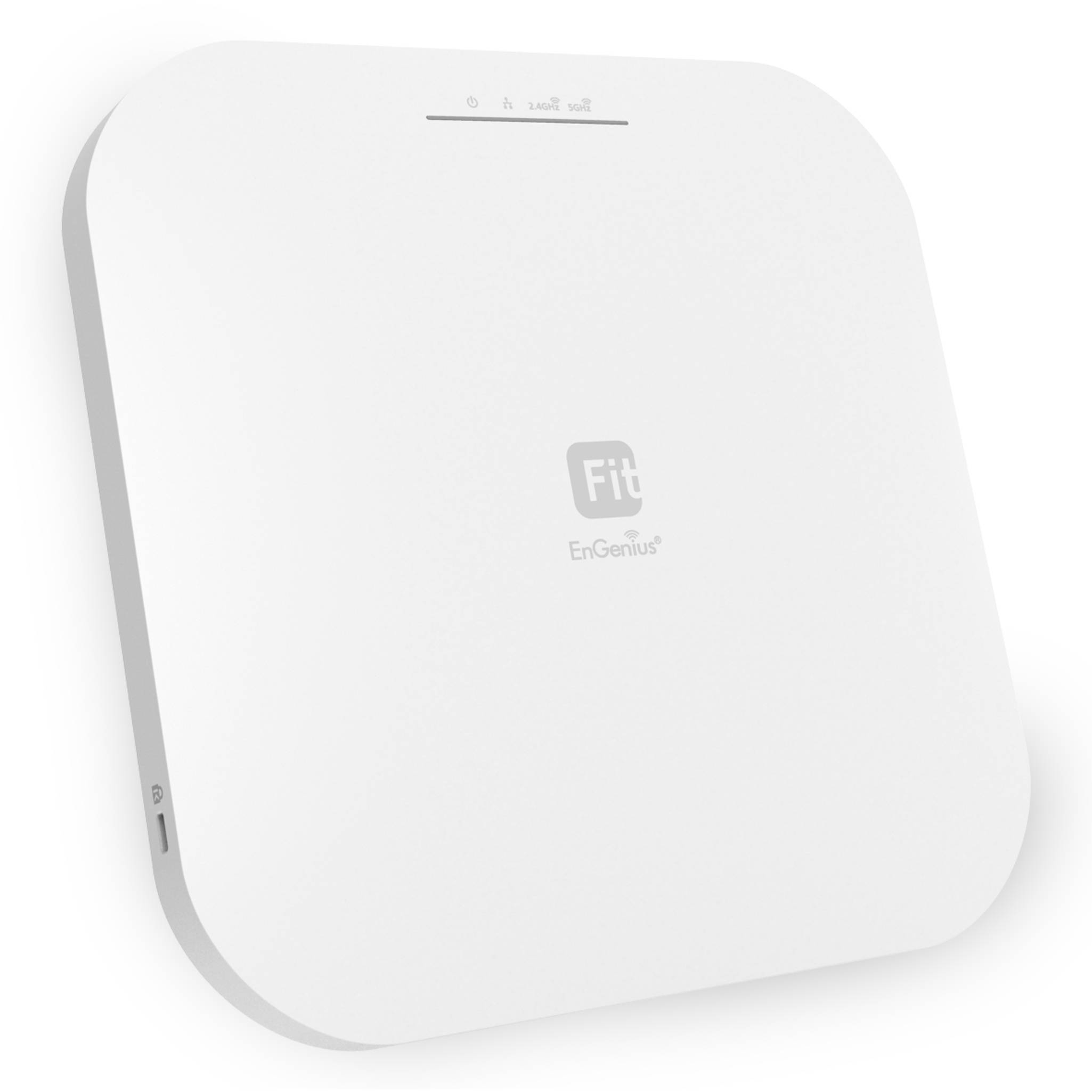 Weißes quadratisches EnGenius Fit Wireless-Zugangspunktgerät mit abgerundeten Ecken und kleinen Statusleuchten, dargestellt vor einem einfachen Hintergrund.