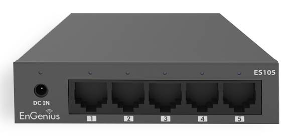 Vorderansicht eines EnGenius ES105 5-Port-Ethernet-Switches mit einer DC-Eingangsbuchse und fünf nummerierten Netzwerkports.