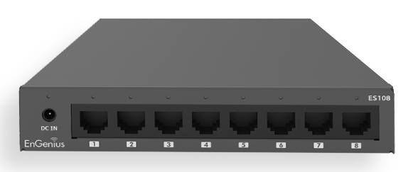 Vorderansicht eines EnGenius ES108 8-Port-Ethernet-Switches mit DC-Eingang auf der linken Seite und nummerierten Netzwerkports an der Vorderseite.