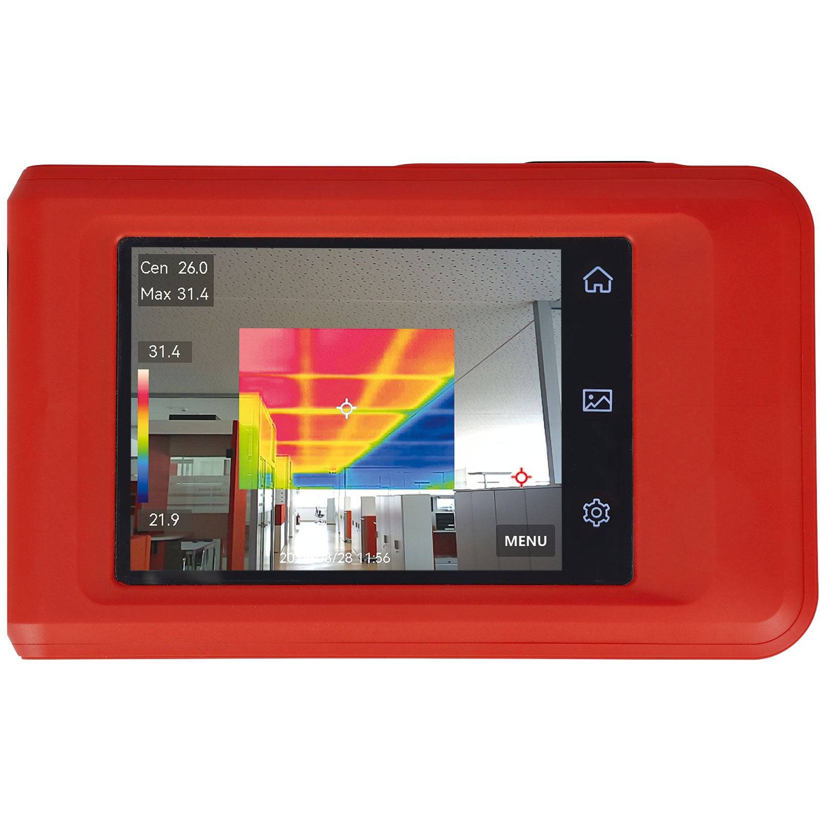 Ein tragbares Wärmebildgerät zeigt das Innere eines Gebäudes mit farbigen Temperaturverläufen, die von 21,9 bis 31,4 Grad Celsius reichen.