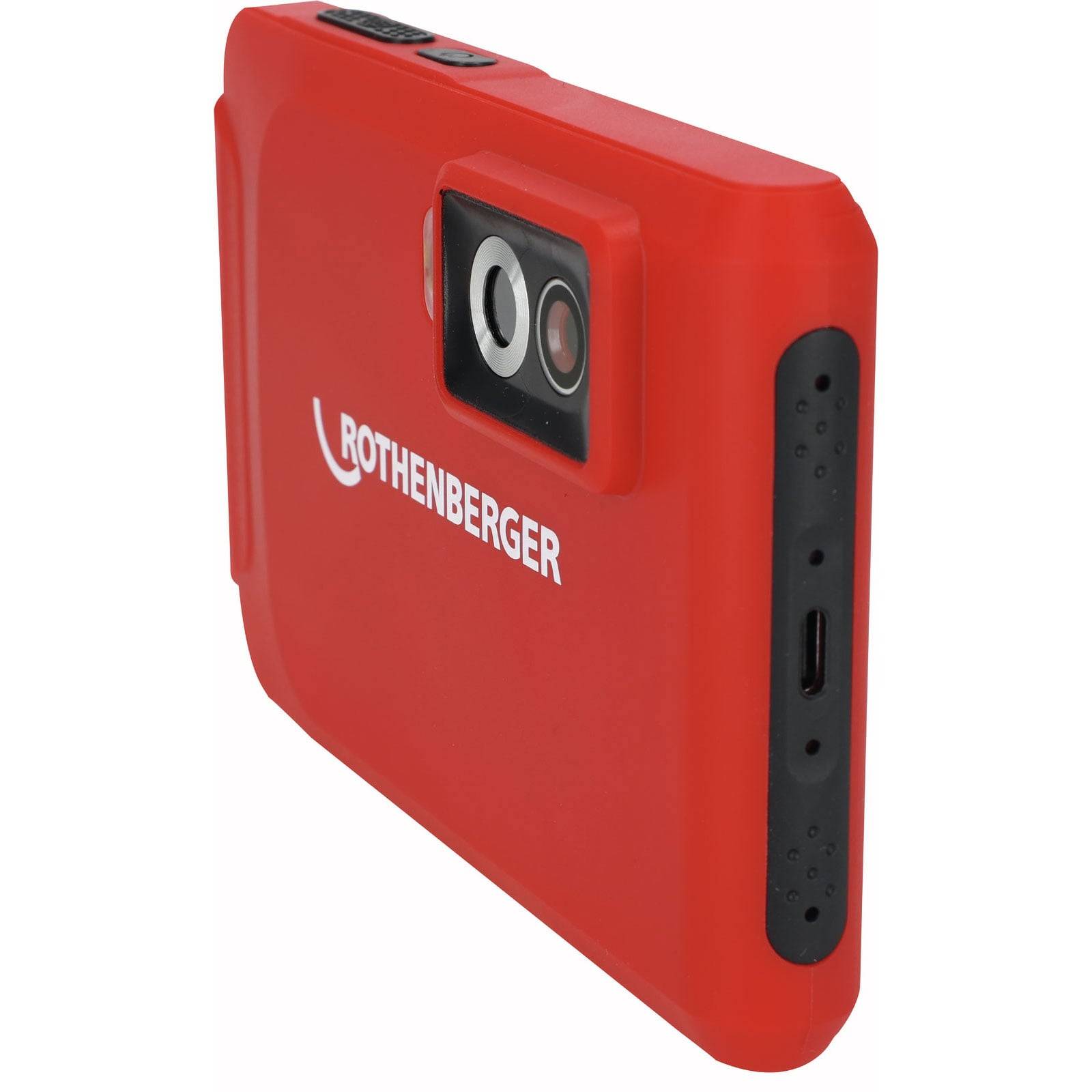 Eine rote Wärmebildkamera von ROTHENBERGER in Handgröße, die auf der Vorderseite eine Linse und einen Sensor zeigt.