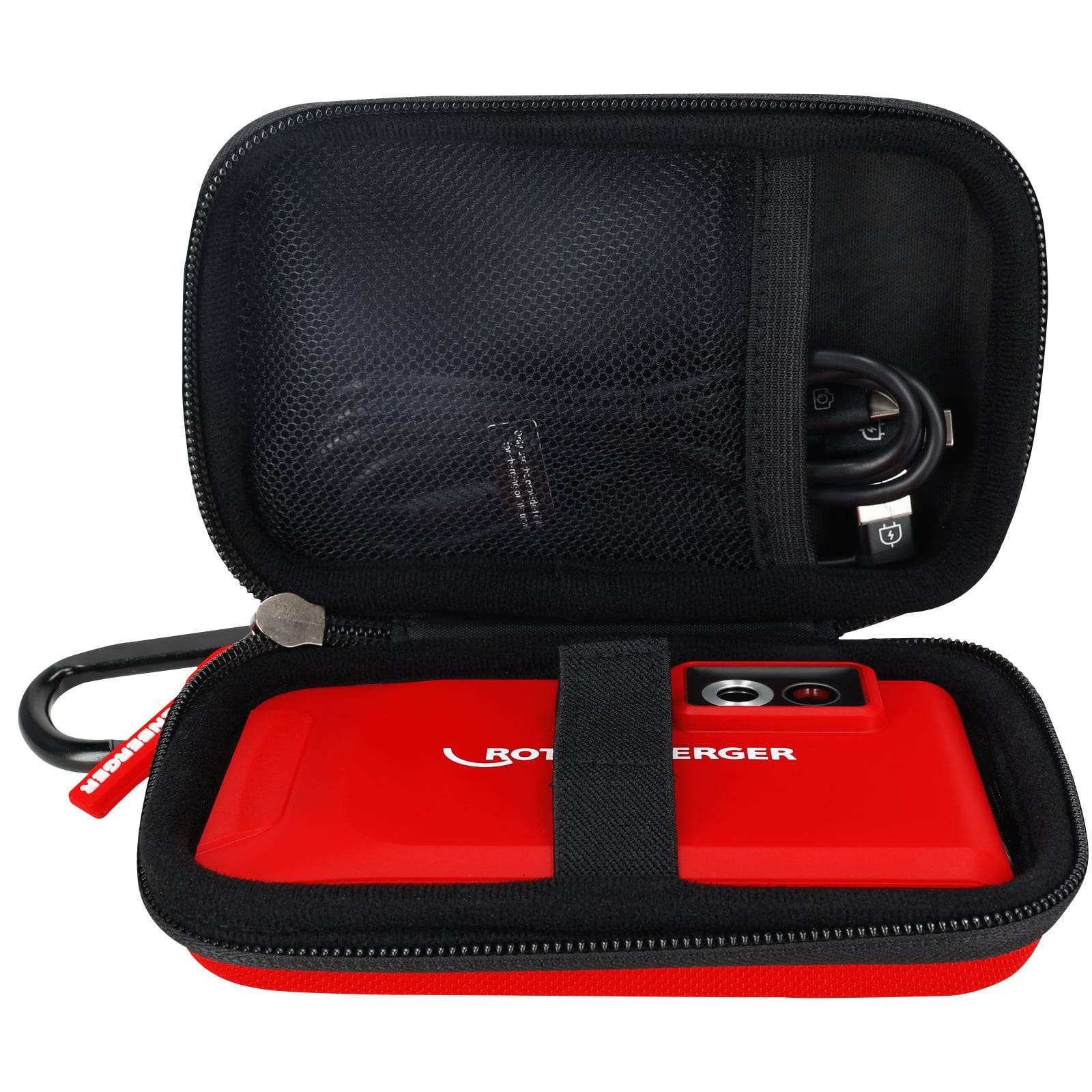 Ein rotes Gerät mit der Beschriftung "Rothenberger"" in einem schwarzen Koffer, wobei ein Kabel in eine Netzsche Tasche eingesteckt ist, konzipiert für Mobilität und Werkzeugschutz.