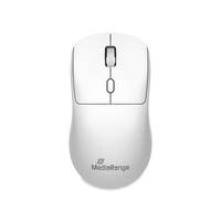 Eine weiße kabellose Computermaus mit einem Scrollrad, die das Logo 