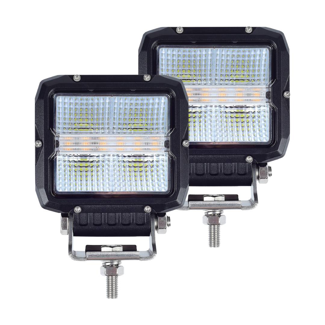 Berger & Schröter | 2er Set Arbeitsscheinwerfer 60 W, Blitz, Positionslicht, 4 Weißlicht LEDs, 6 Orangelicht 9W LEDs, 12-24 V, kombinierbar, synchro
