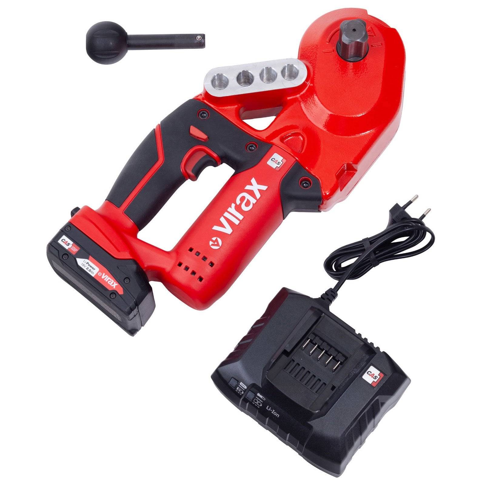 Rotes Elektrowerkzeug mit 'VIRAX' Markierung, Akku, Ladegerät und Zubehöranbringung, entwickelt für Rohrleitungsbau und Reparaturanwendungen.