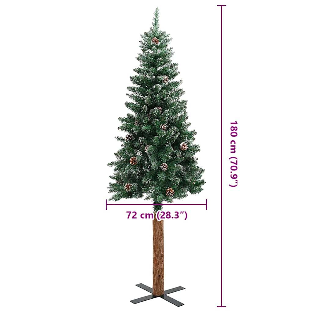 Künstlicher Weihnachtsbaum mit Holzfuß, 180 cm (70,9 Zoll) hoch und 72 cm (28,3 Zoll) breit, geschmückt mit Zapfen.