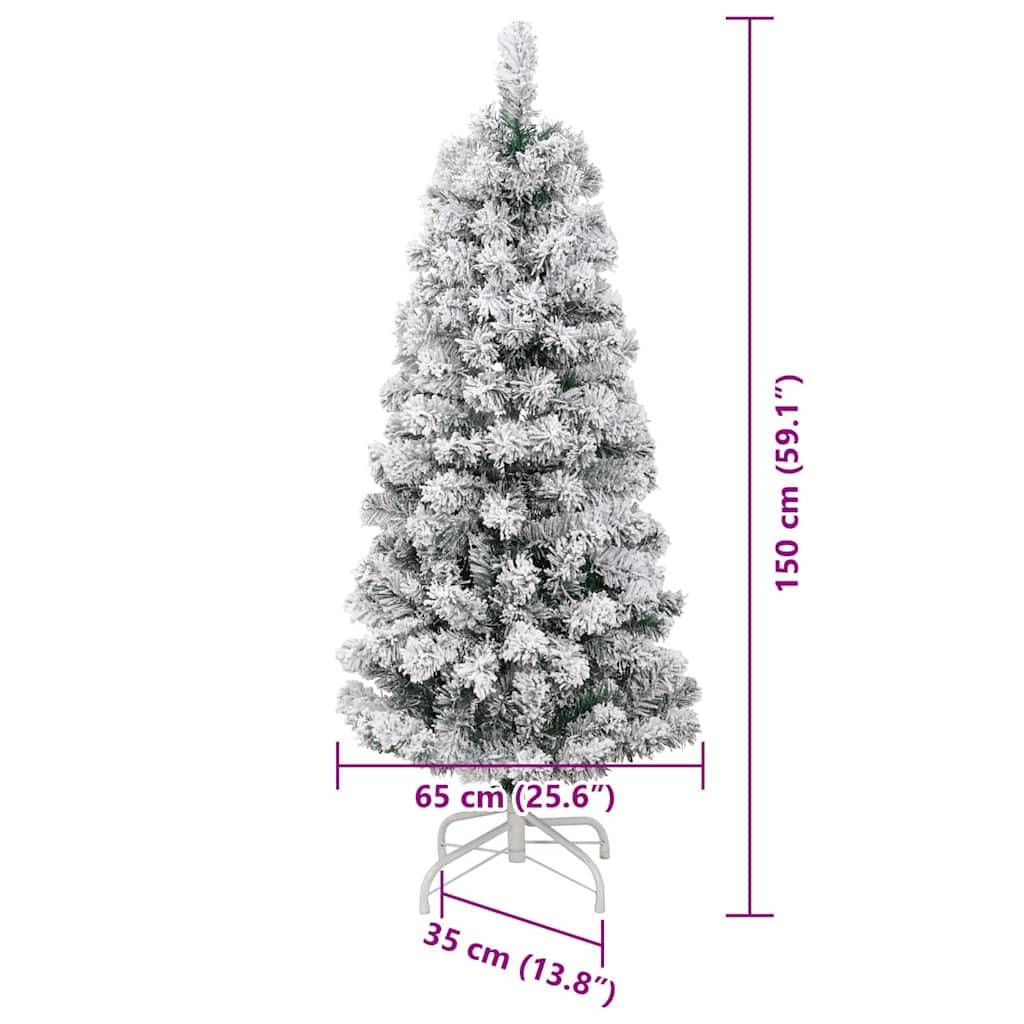Gefrosteter künstlicher Weihnachtsbaum auf einem Metallständer. Höhe angegeben als 150 cm (59,1 Zoll). Basisbereite 35 cm (13,8 Zoll), Durchmesser 65 cm (25,6 Zoll).